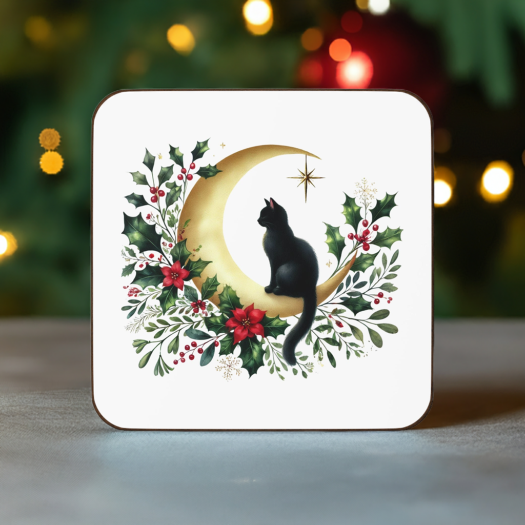 Winter Moon - Cat lover - Hardboard Back Coaster   