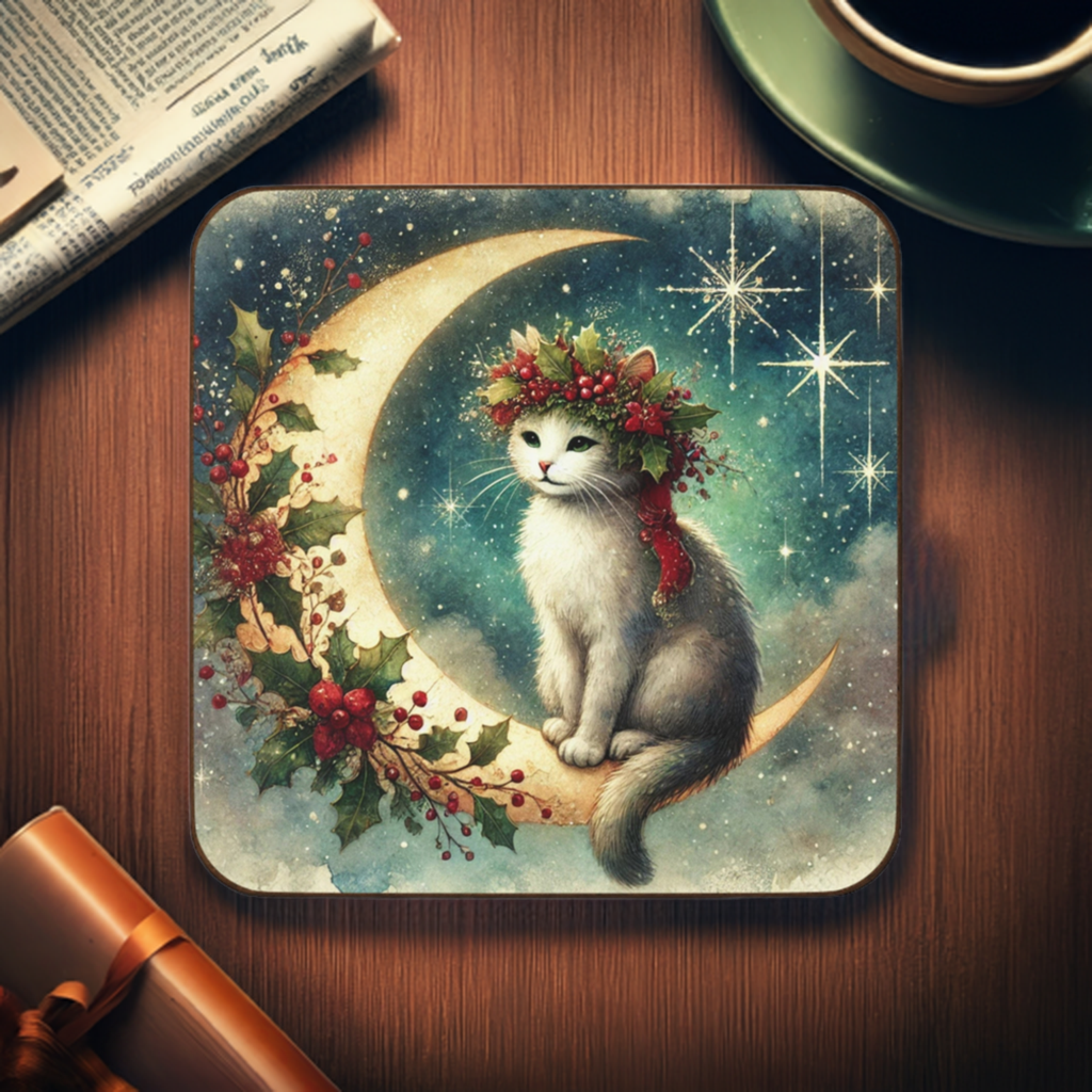 Holiday Moon - Cat lover - Hardboard Back Coaster   