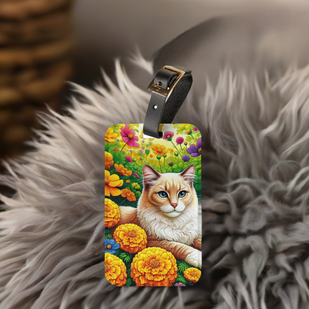 October Birth Flower - Marigolds and Cosmos - Cat Lover - Luggage Tag   