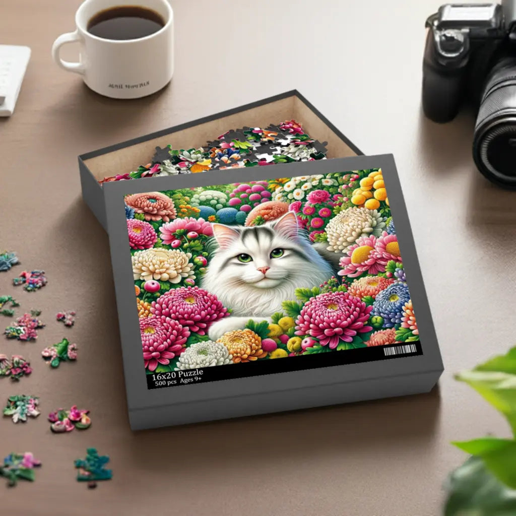 November Birthday Flower Puzzle - Chrysanthemum and Peony - Cat Lover Gift -120-piece- 252-piece- or 500-piece - Montecore PawPrints