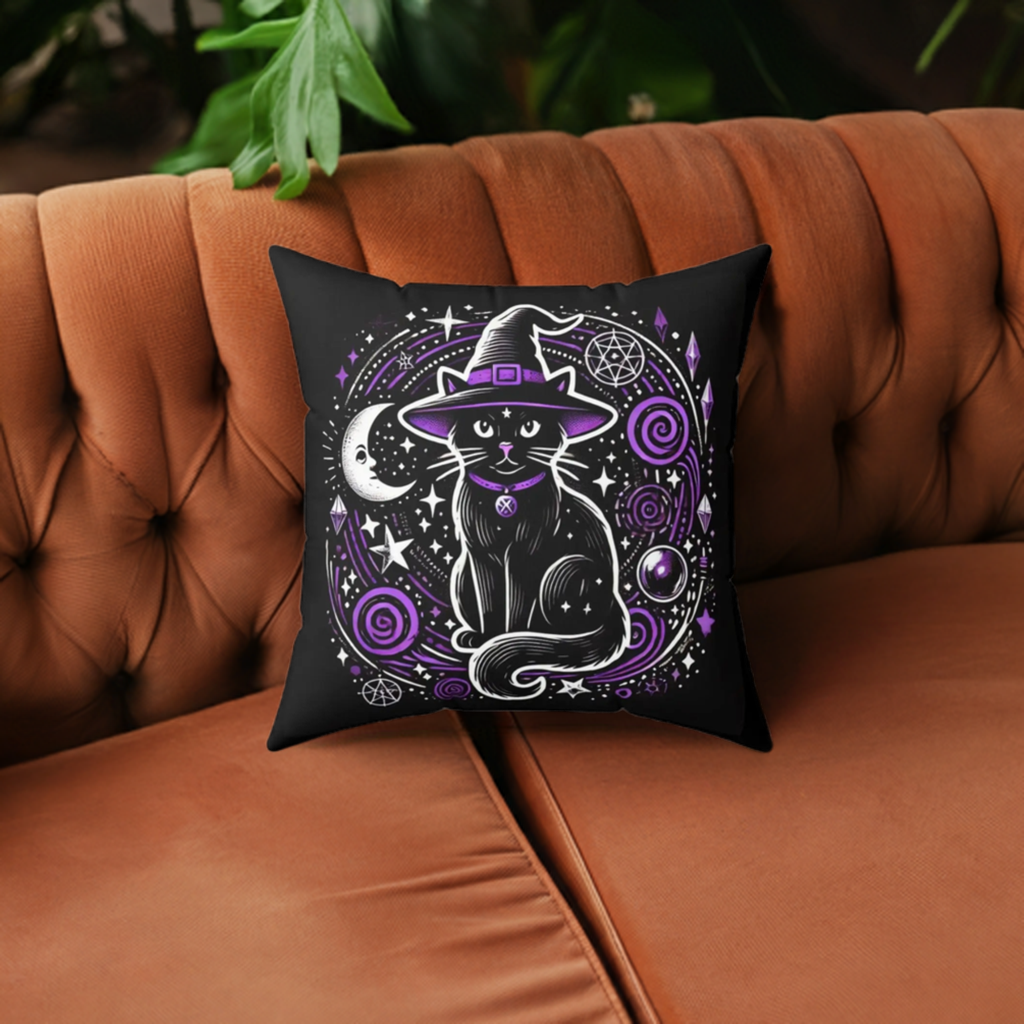 Witch Cat - Purple and Black - Halloween Spun Polyester Square Pillow   