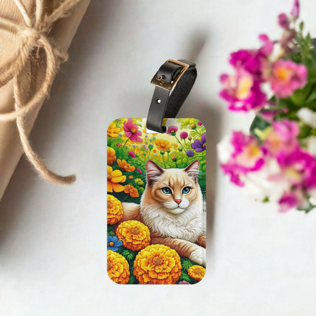 October Birth Flower - Marigolds and Cosmos - Cat Lover - Luggage Tag   