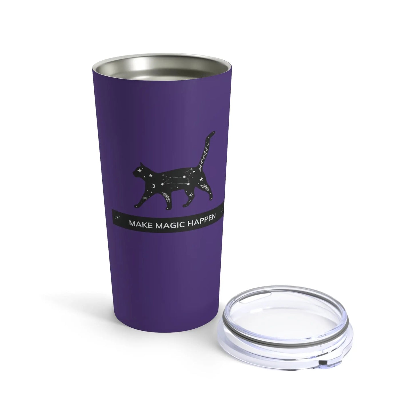 Make Magic Happen - Black Cat - Stainless Steel Tumbler with Lid - Purple - Mug