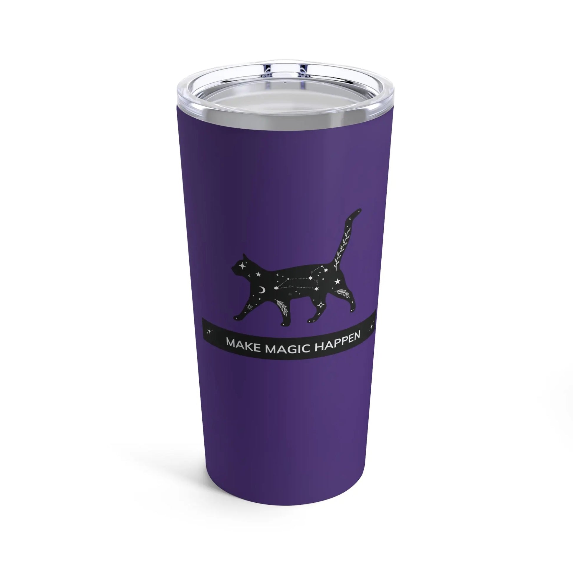 Make Magic Happen - Black Cat - Stainless Steel Tumbler with Lid - Purple - Mug