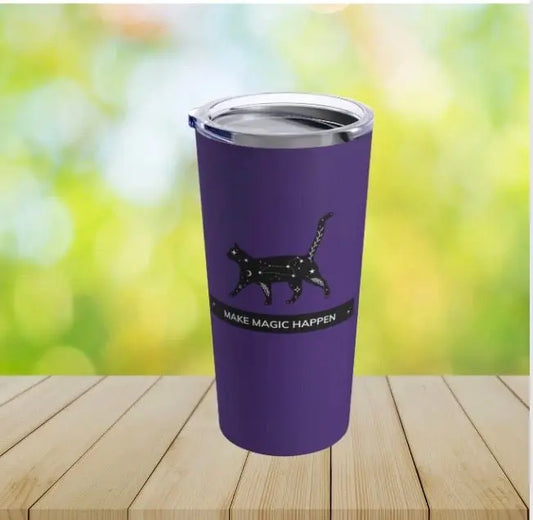 Make Magic Happen - Black Cat - Stainless Steel Tumbler with Lid - Purple - Mug