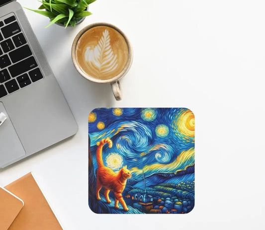 Orange Cat Starry Night - Coaster - Office Decor - Home Decor