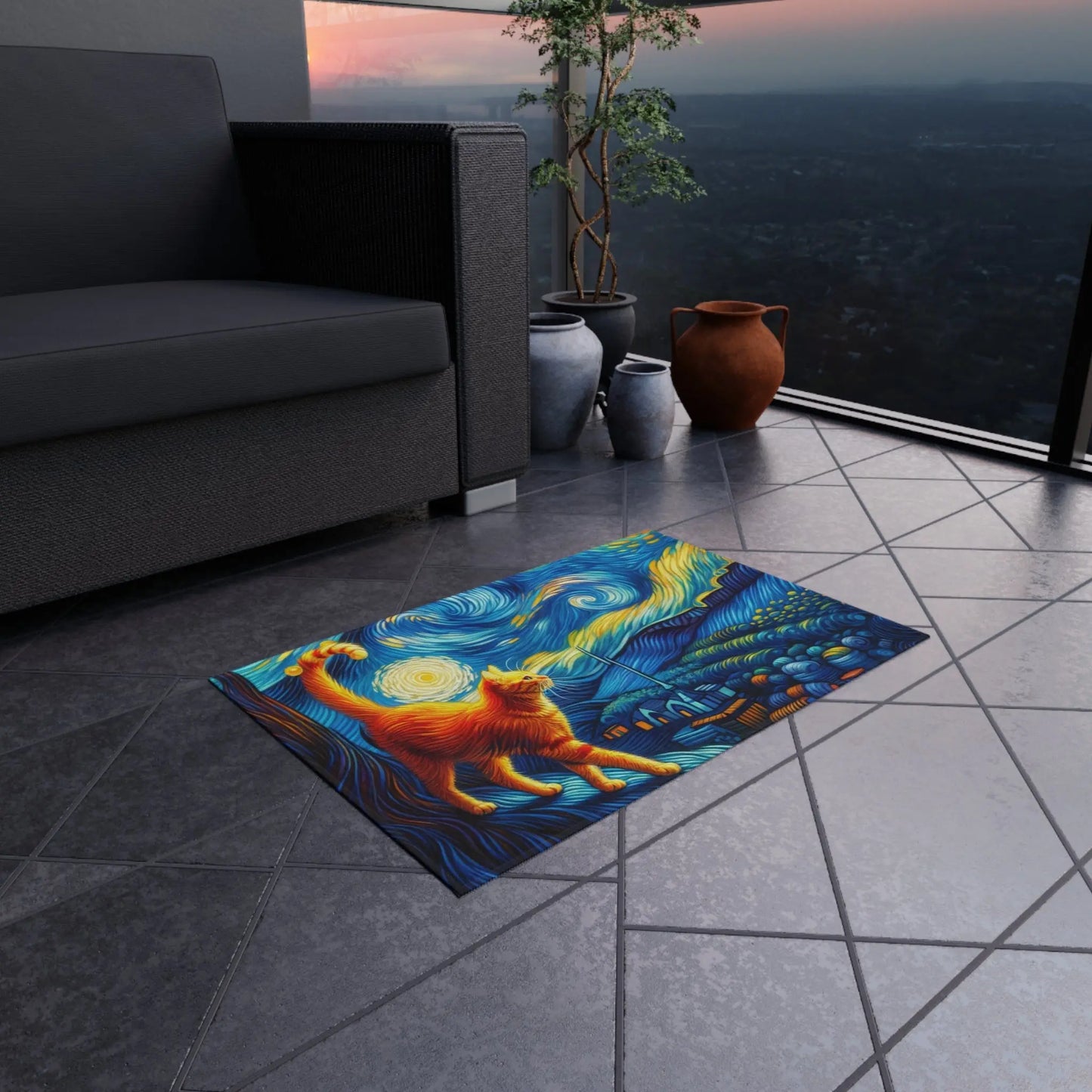 Orange Cat Starry Night - Indoor/Outdoor Rug - Home Decor