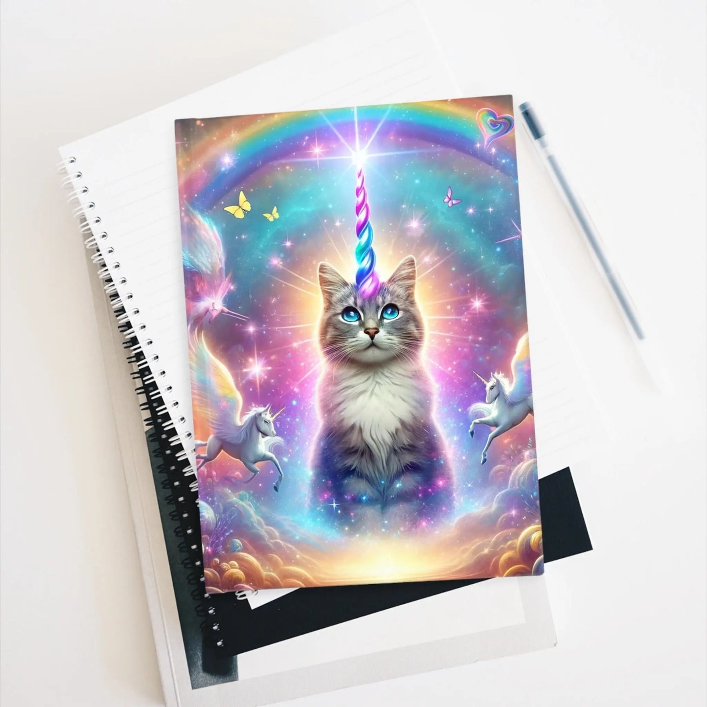 Rainbow- Cat Unicorn - Blank Journal - Hard Cover Notebook - Purple - Paper products