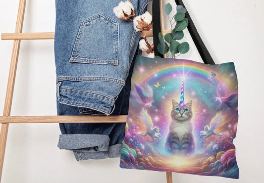 Rainbow Caticorn - Cat Unicron - Cat Lover - Adjustable Strap Tote Bag - Bags