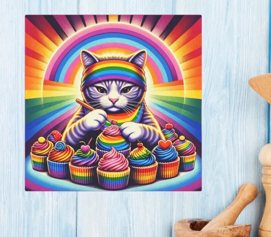 Rainbow Cupcake Baker - Cat Lover - Wall Art Decor - Canvas