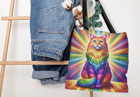 Rainbow Fluffy Cat - Adjustable Strap -Two Sizes - Tote Bag - Bags