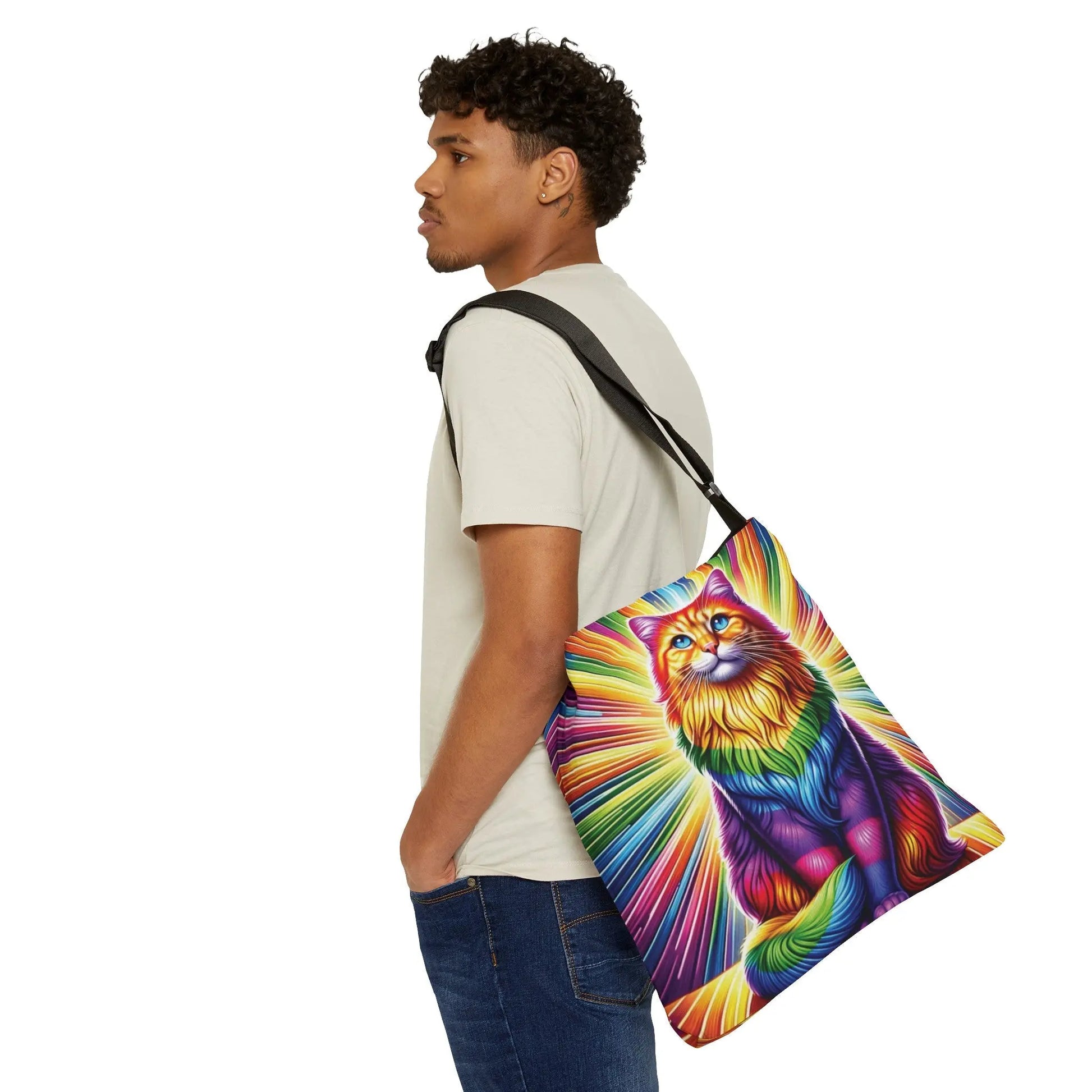 Rainbow Fluffy Cat - Adjustable Strap -Two Sizes - Tote Bag - Bags