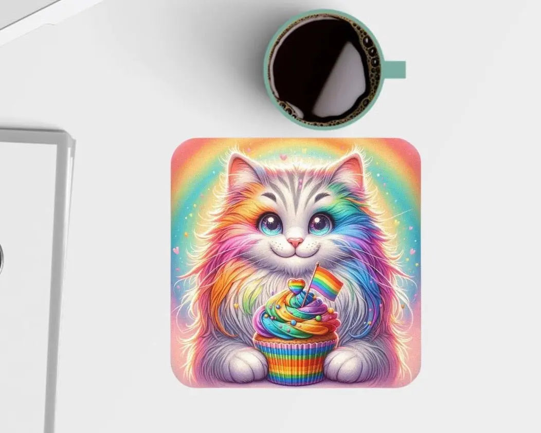 Rainbow Kitten Cupcake - Cat Decor - Coaster - Home Decor