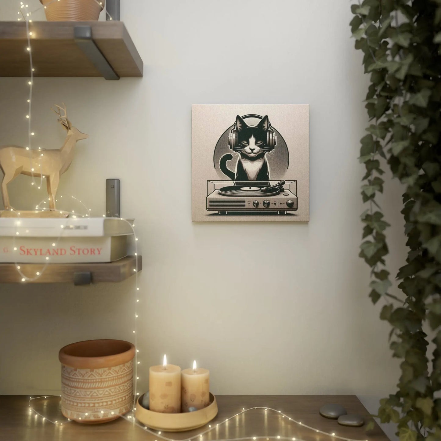 Record Listener Wall Art - Cat Lover Decor - Canvas