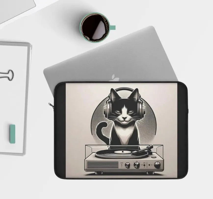 Record Player Listening - Cat Lover - Laptop Sleeve - Laptop Sleeve