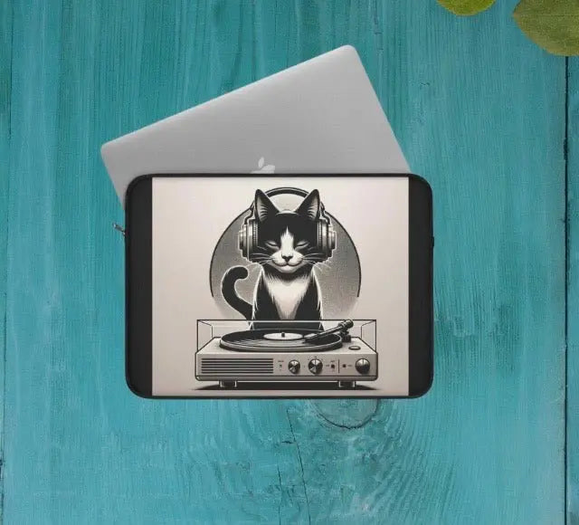 Record Player Listening - Cat Lover - Laptop Sleeve - Laptop Sleeve