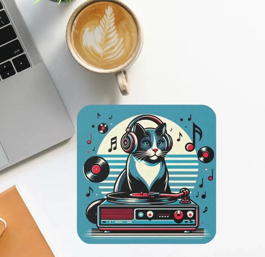 Vinyl Cat DJ - Blue Coaster - Home Decor