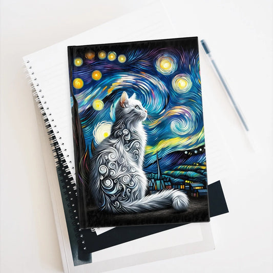 White Cat Starry Night - Blank Journal - Hard Cover Notebook - Paper products